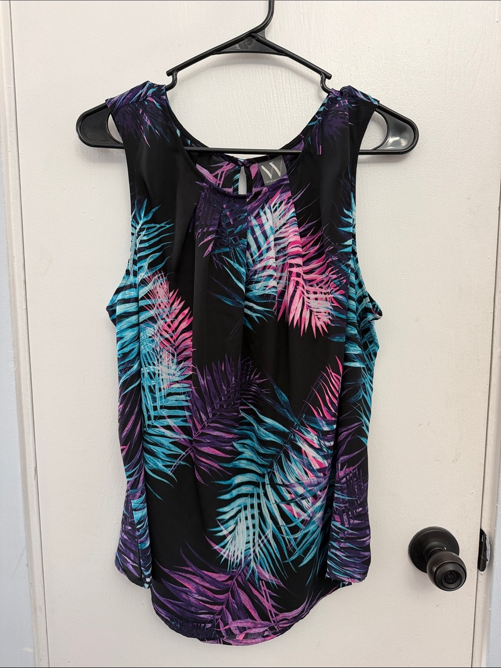 Worthington Black Sleeveless Top with Teal, Purple & Pink Leaf Print